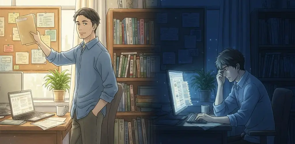 Physical desk meets digital workspace — spatial organization