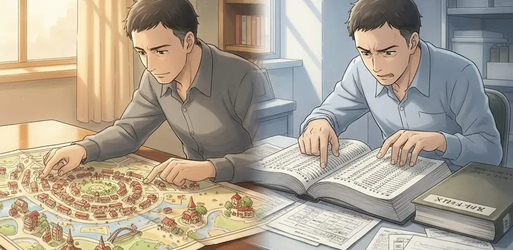 Map navigation vs index lookup — spatial vs categorical thinking