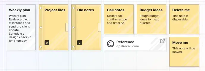 Opal Quick Start: a grid with a document, notes, binders, and a link placed in tidy rows