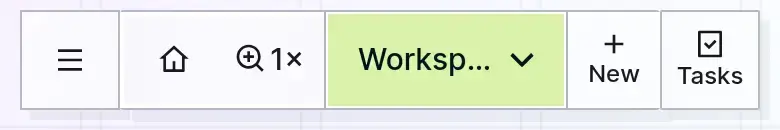 Opal interface tour: the same toolbar on a phone-width screen, with the menu button, Home, zoom, workspace name, New and Tasks