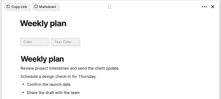 Opal interface tour: open document page showing Copy Link, Markdown, ••• (more options), and X (close) buttons