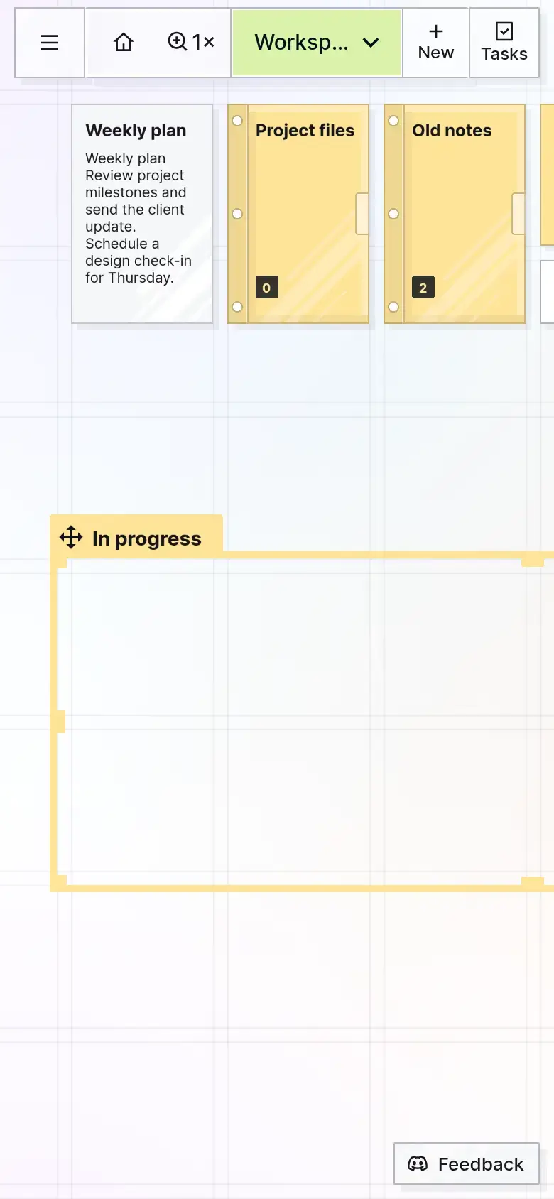 Opal on a phone: the workspace with a document, binders and a fence at phone width