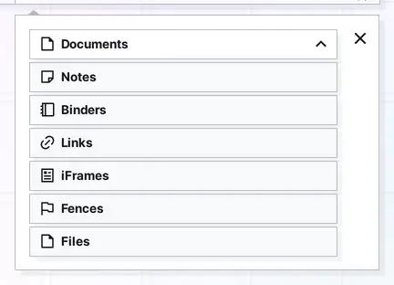 Creating items in Opal: the item type list with Documents, Notes, Binders, Links, iFrames, Fences, and Files