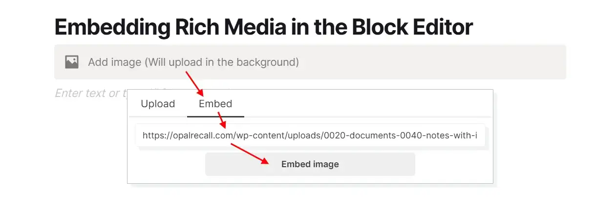 Notes with Images: Block Editor Upload - Embed Image from URL