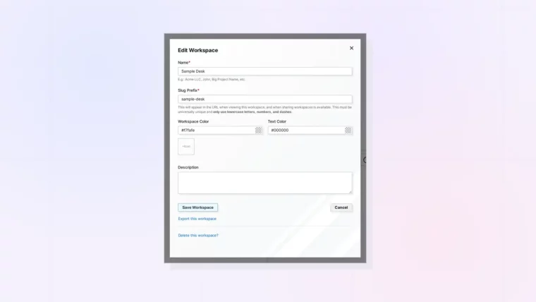 Edit a Workspace: Rename, Colors, Icon, and Slug Prefix: screenshot of Opal