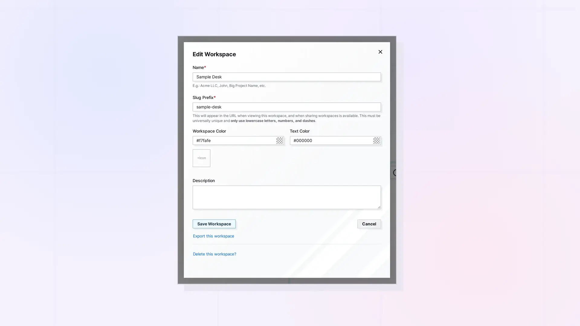 Edit a Workspace: Rename, Colors, Icon, and Slug Prefix: screenshot of Opal