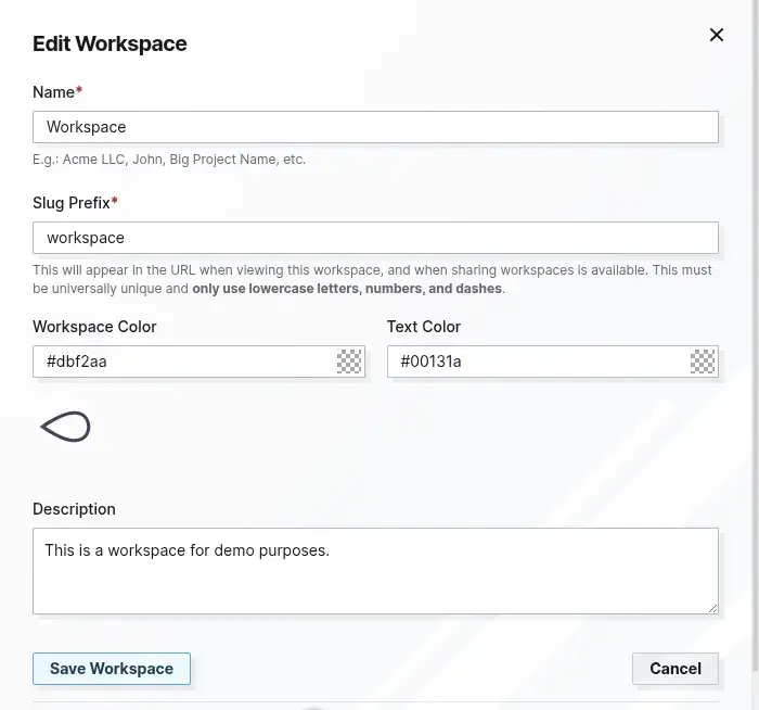 Edit a workspace: edit form with all fields filled in