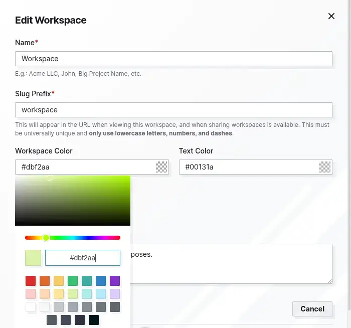 Edit a workspace: the Workspace Color picker open, with a saturation square, hue slider, hex box, and preset swatches