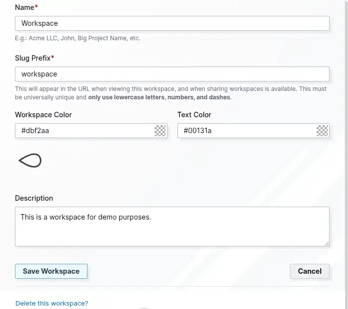 Delete a workspace: the Edit Workspace form with the Delete this workspace? link below Save Workspace and Cancel