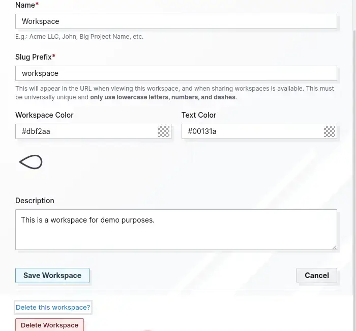 Delete a workspace: the red Delete Workspace button that appears after you click Delete this workspace?
