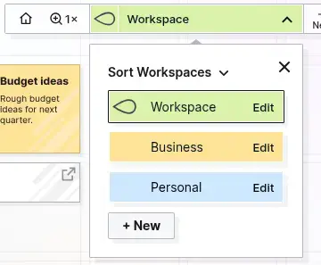 Reorder workspaces: the workspace picker open with three workspaces, Workspace, Business, and Personal, in different colors