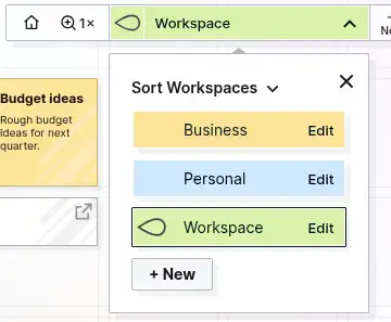Workspaces: the workspace picker after clicking Sort Workspaces, with the three workspaces listed in alphabetical order, Business, Personal, then Workspace