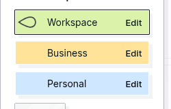One workspace or many: the workspace picker showing three workspaces in green, yellow, and light blue