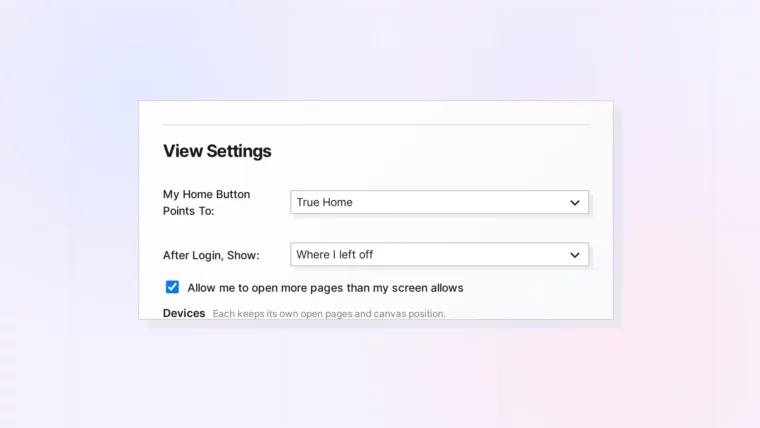 Set Your Home Button and First View: View Settings with the Home button and After Login choices, screenshot