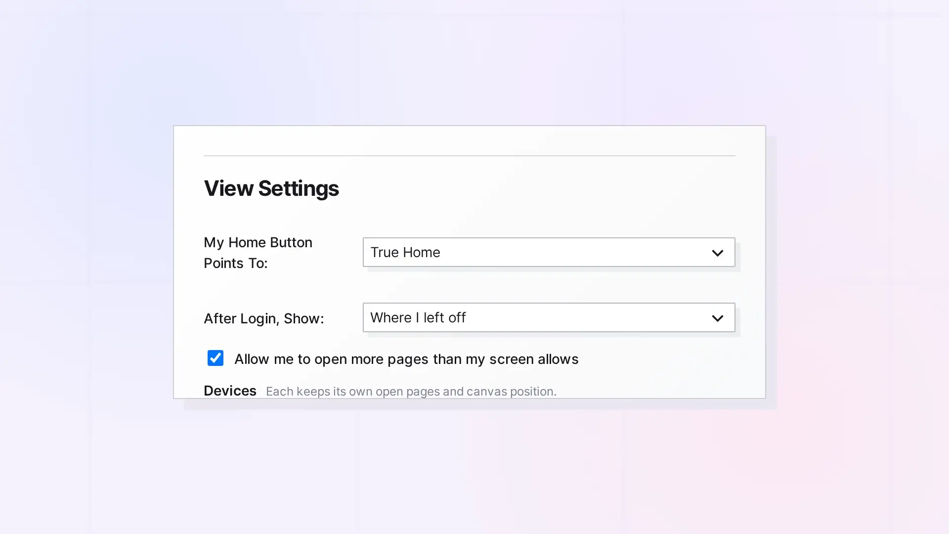 Set Your Home Button and First View: View Settings with the Home button and After Login choices, screenshot