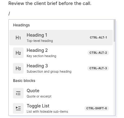 Use the Opal text editor: the block type menu open after typing a slash