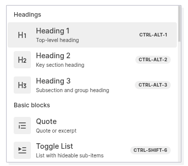 Block types cheat sheet: the top of the block menu, with Headings 1 to 3 and their shortcuts, then Quote and Toggle List