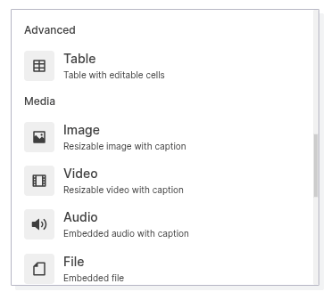 Block types cheat sheet: the block menu scrolled to the media blocks