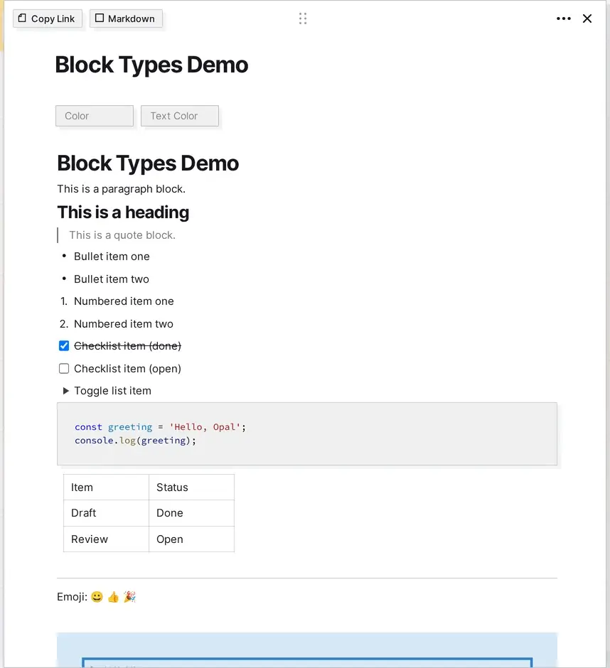 Block types cheat sheet: a demo document showing a paragraph, heading, quote, bullet list, numbered list, checklist, and toggle list