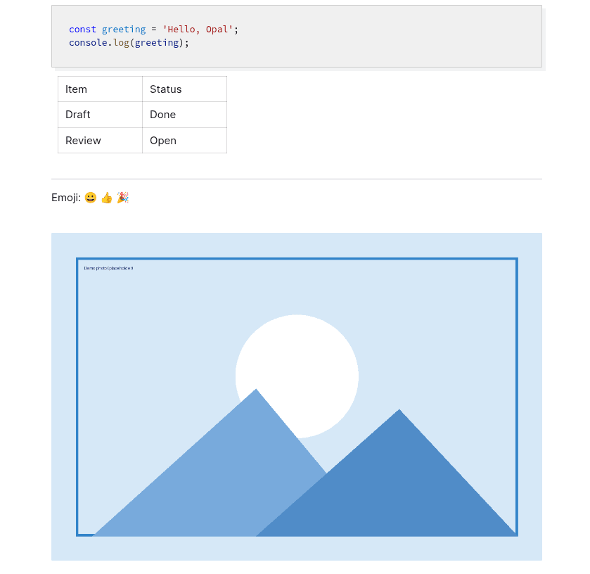Block types cheat sheet: code block, table, divider, emoji line, and image block rendered in an Opal document