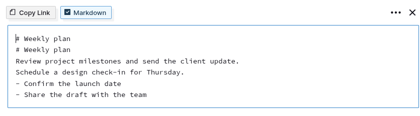 Markdown mode: the same document shown in Markdown mode