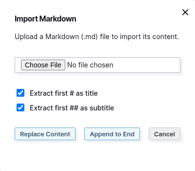 Markdown mode: the import choices after choosing Import Markdown