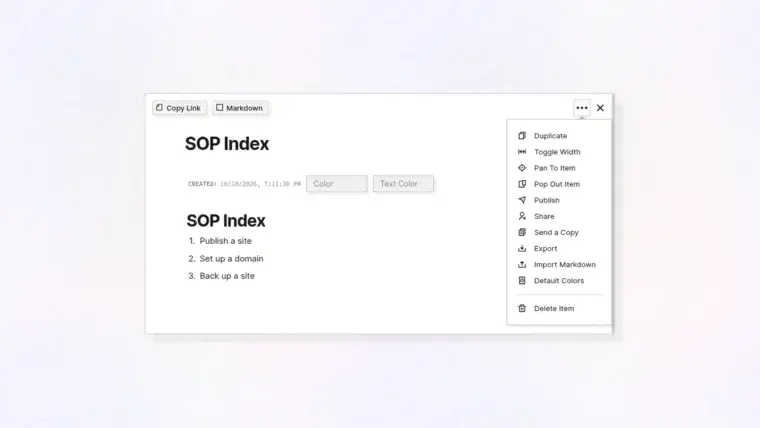 Open multiple items: item menu with Pan To Item and Pop Out Item, thumbnail