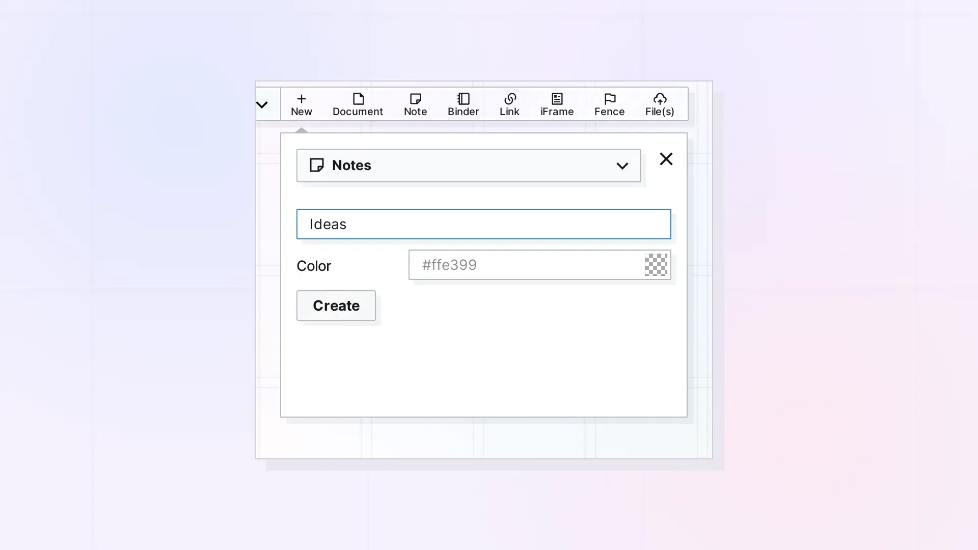 Create a Note: New panel set to Notes with a title and color, screenshot