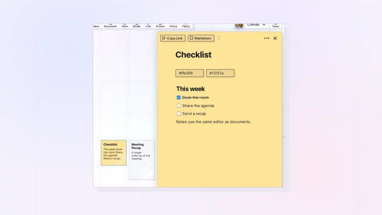 Write in a Note: The Same Editor in a Smaller Page: Note page with a heading and a checklist, screenshot