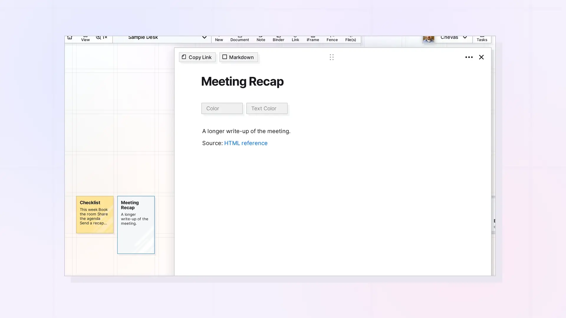 Move a Note's Content into a Document: A note and a document side by side on the grid, screenshot