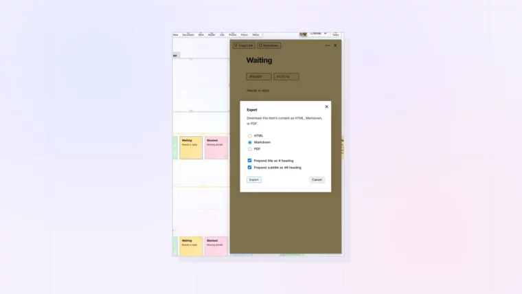 Duplicate, Pop Out, and Export a Note: Export dialog with HTML, Markdown, and PDF options, screenshot