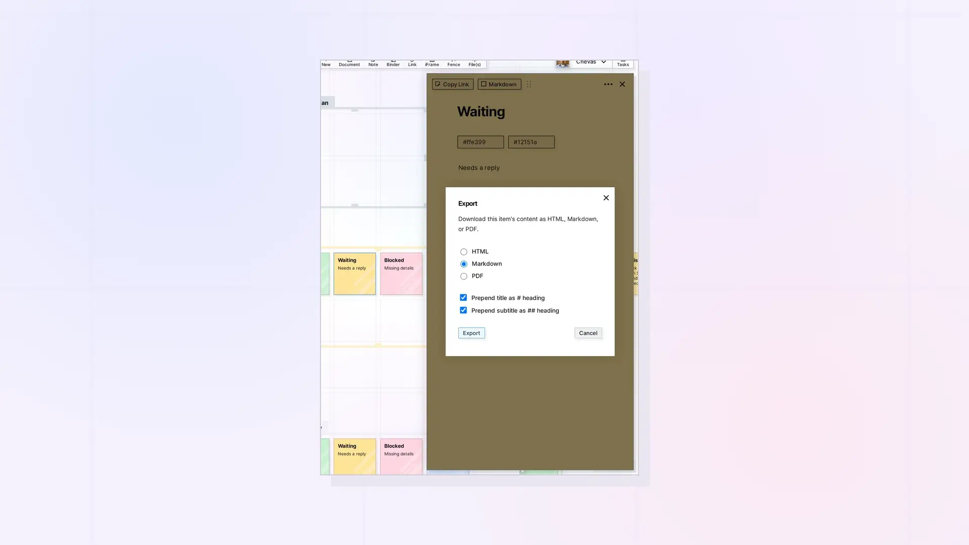 Duplicate, Pop Out, and Export a Note: Export dialog with HTML, Markdown, and PDF options, screenshot