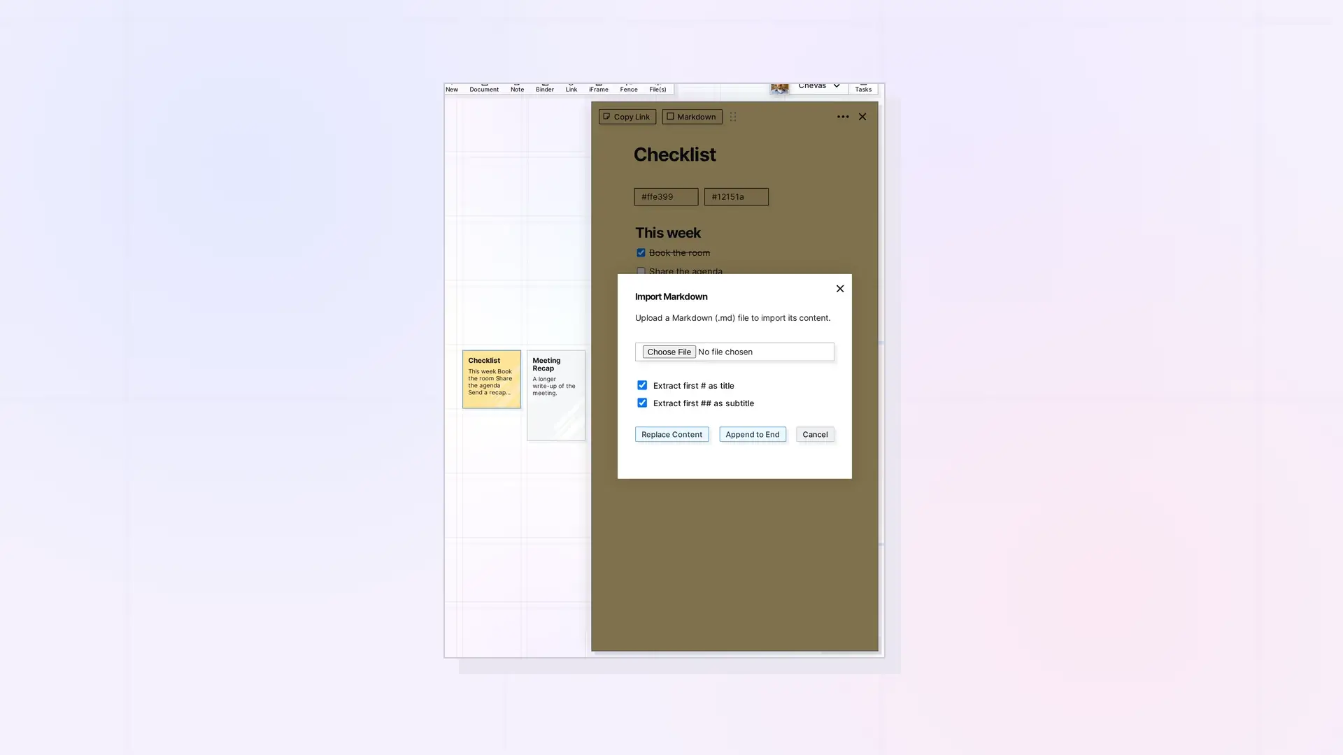 Import Markdown into a Note: Import Markdown dialog with replace and append options, screenshot