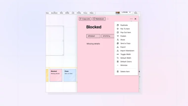 Share or Publish a Note: Note menu with Share, Send a Copy, and Publish, screenshot