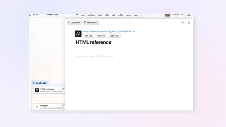 Refresh or Copy a Link Item's URL: Link item page with Edit URL, Refresh, and Copy URL buttons, screenshot