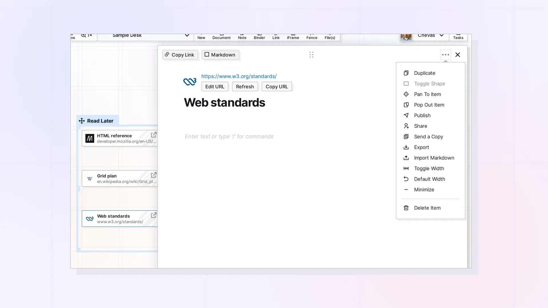 Share a Link Item: Link item menu with Share and Send a Copy, screenshot