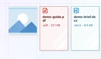 Upload files: the PDF file item on the grid after the upload, next to an image and a DOCX file item