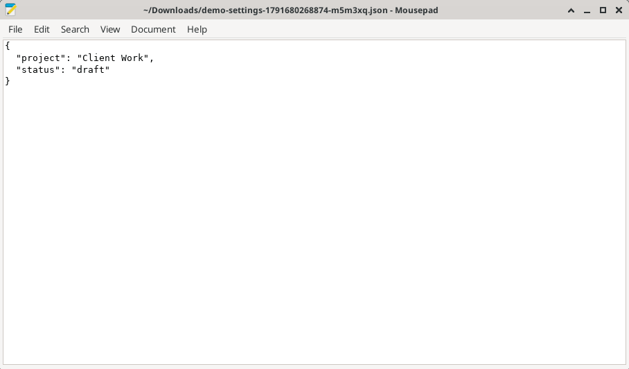Edit text and code files: a downloaded JSON file opened in a local text editor, with extra characters added to the file name