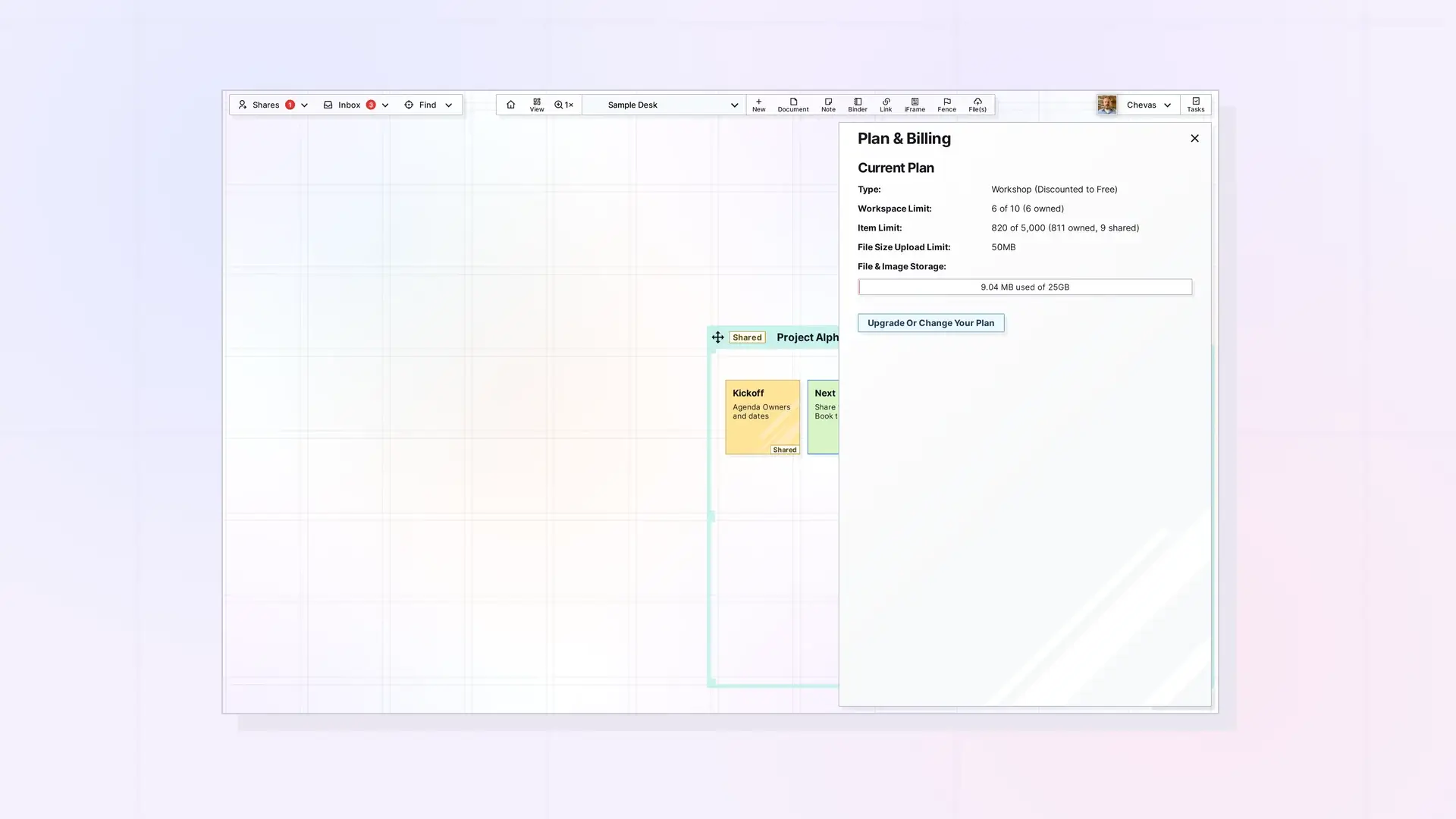 File Size and Storage Limits by Plan: Workshop, Studio, and Day Desk: screenshot of Opal