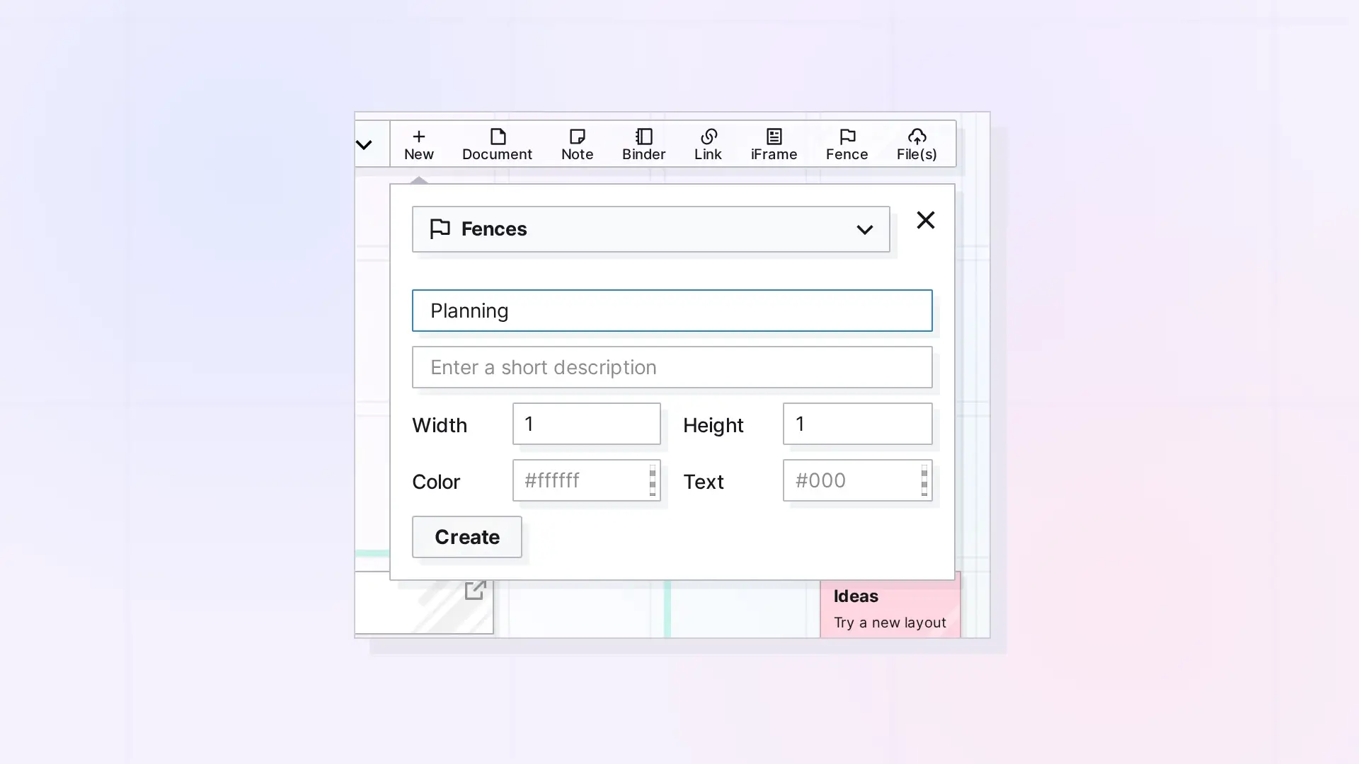 Create a Fence: New panel with Fences selected, screenshot