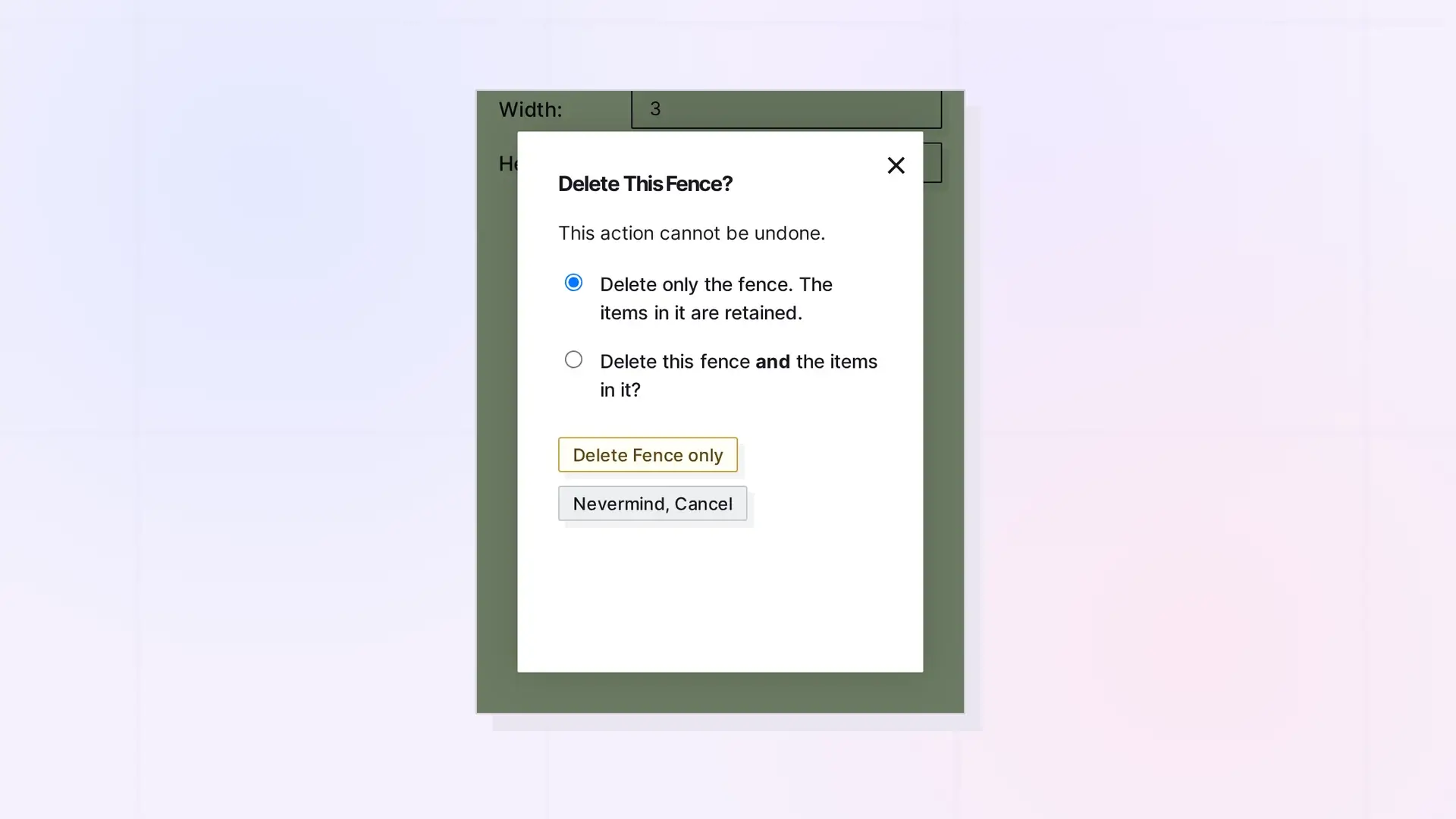 Delete a Fence (Your Items Stay Put): Delete This Fence dialog, screenshot