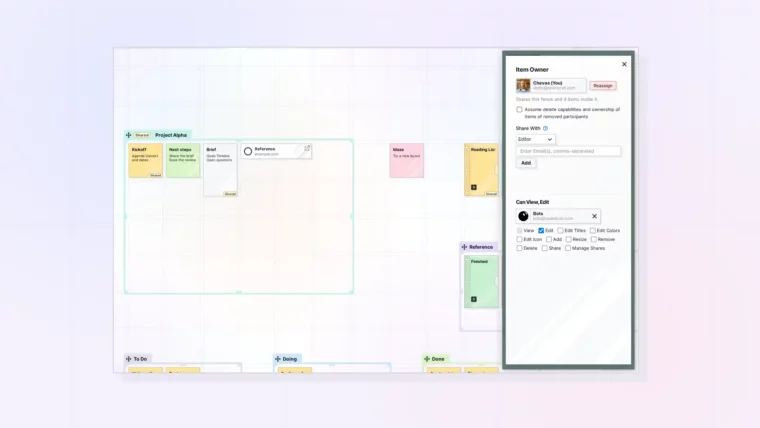 Sharing a fence: Share panel for a fence with role and email fields, screenshot