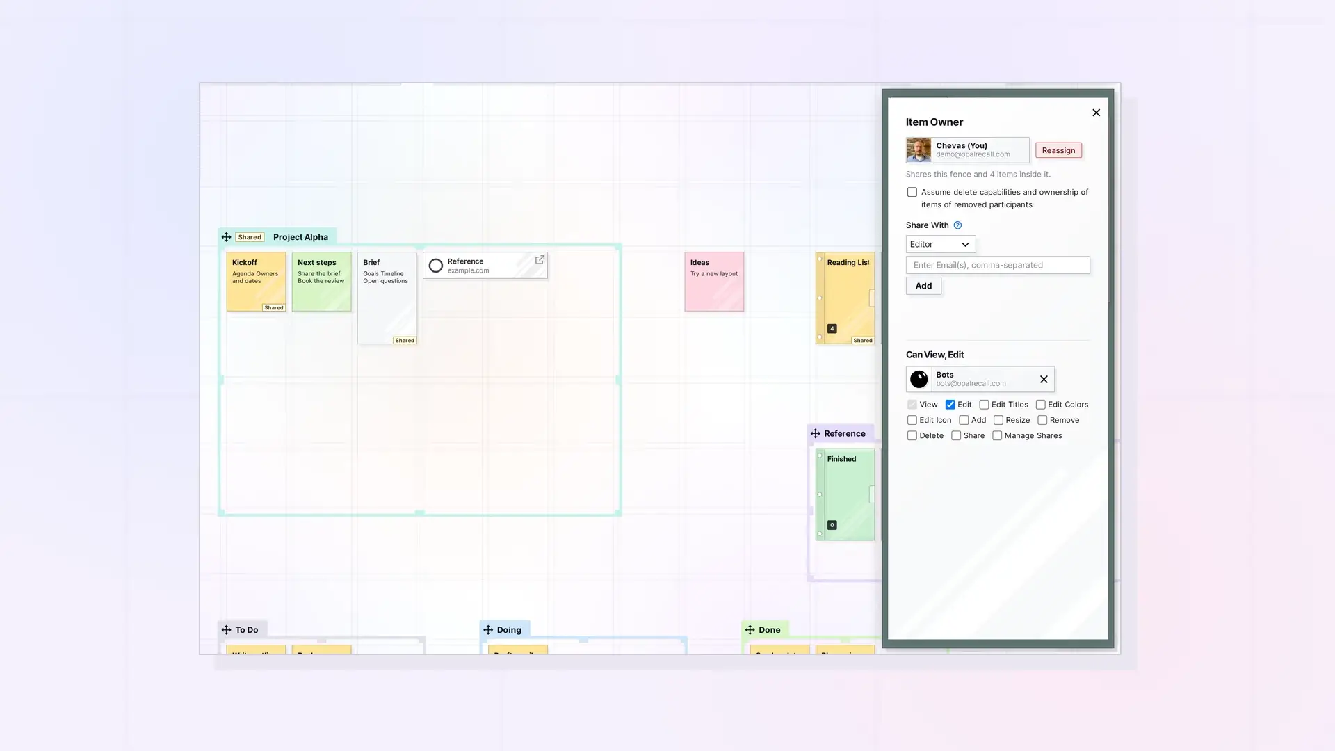 Sharing a fence: Share panel for a fence with role and email fields, screenshot