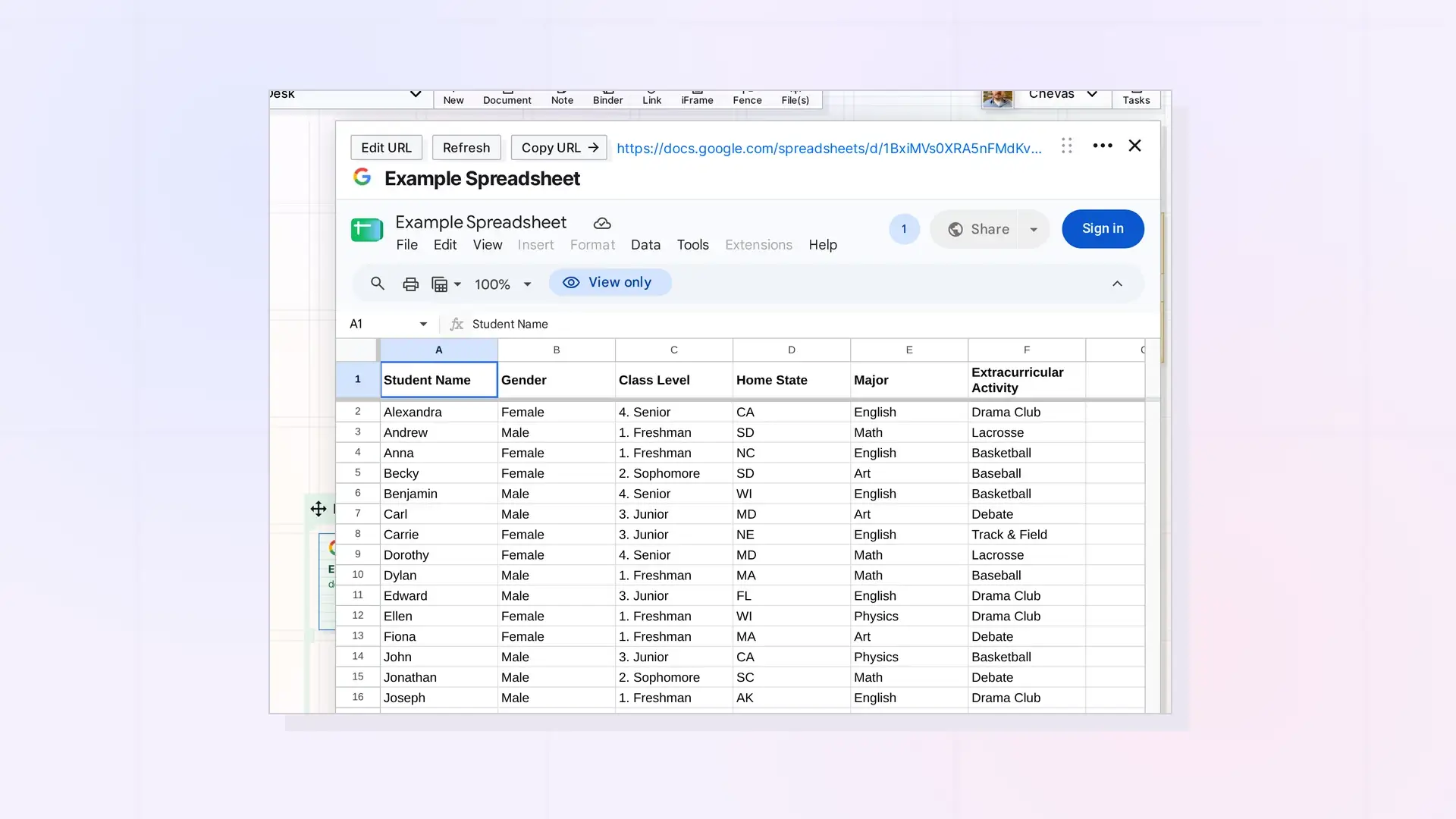 Embed a Google Sheet in Opal: A Google Sheet open inside an Opal iFrame, screenshot