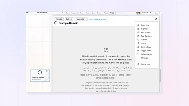 Share an iFrame: The iFrame page with its more options menu open, screenshot