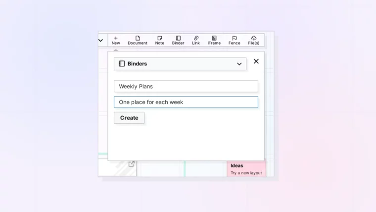 Create a Binder: New panel with Binders selected, screenshot