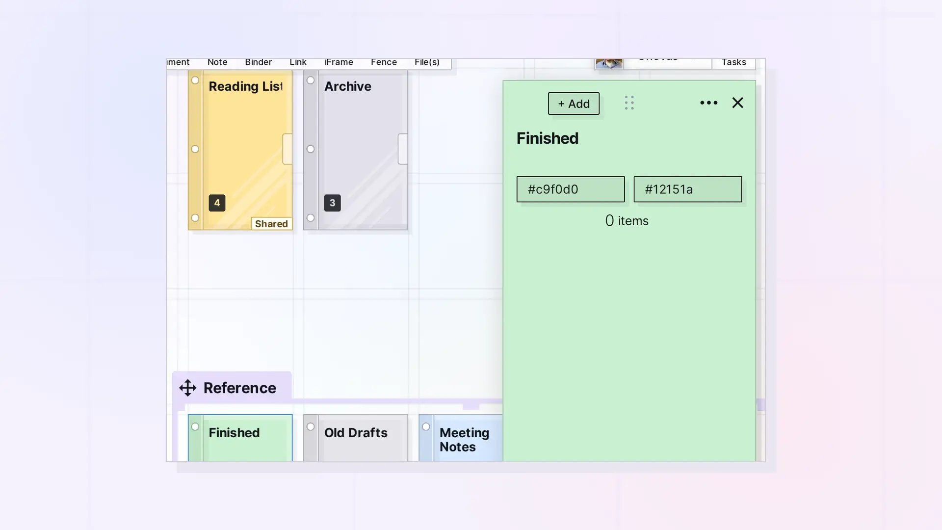 Rename, Color, and Set an Icon for a Binder: Binder panel header with icon and colors, screenshot