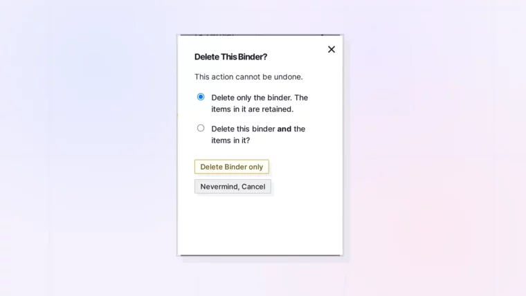 Delete a Binder: Delete This Binder dialog, screenshot