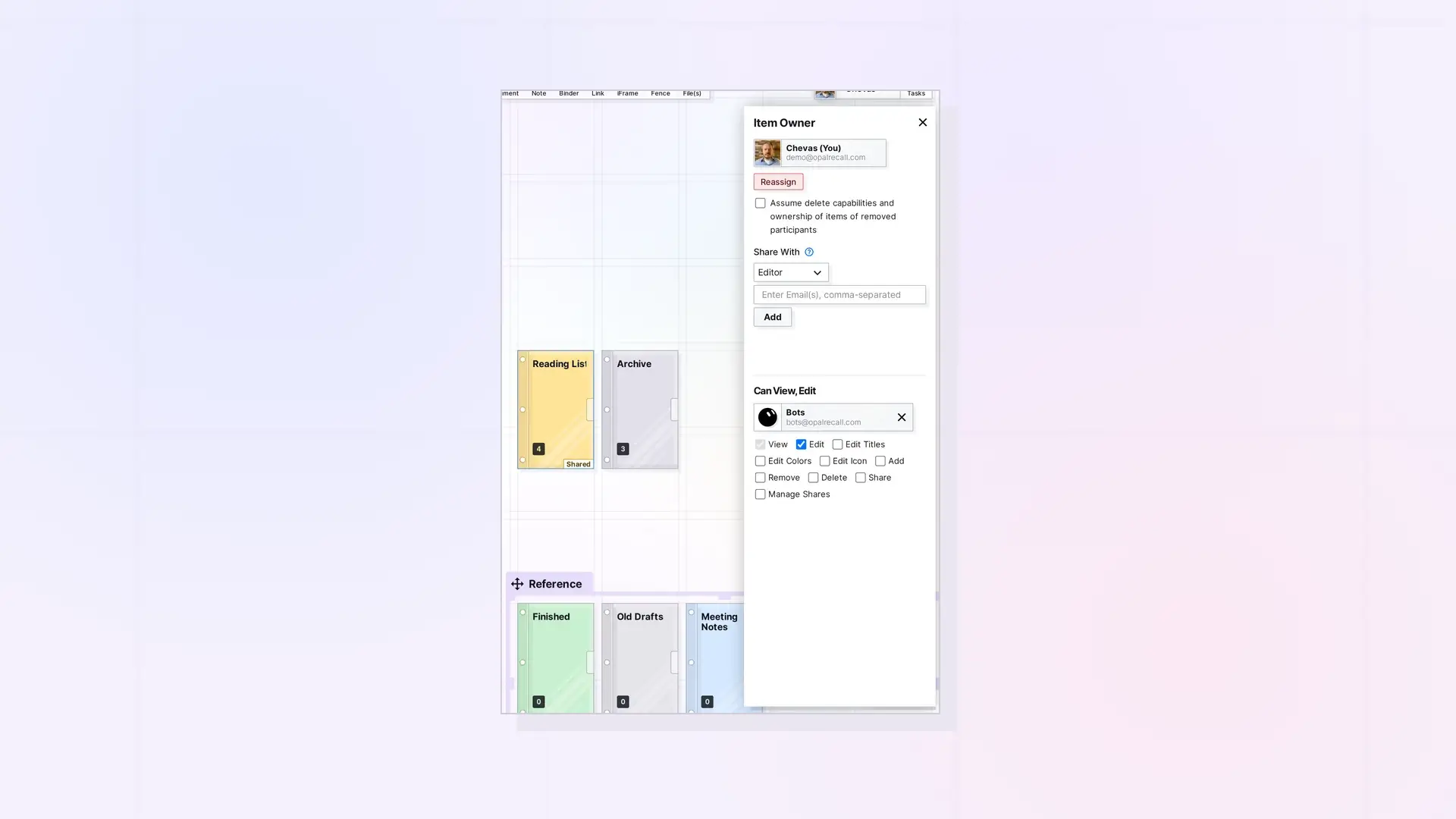 Share a Binder: Share panel for a binder, screenshot