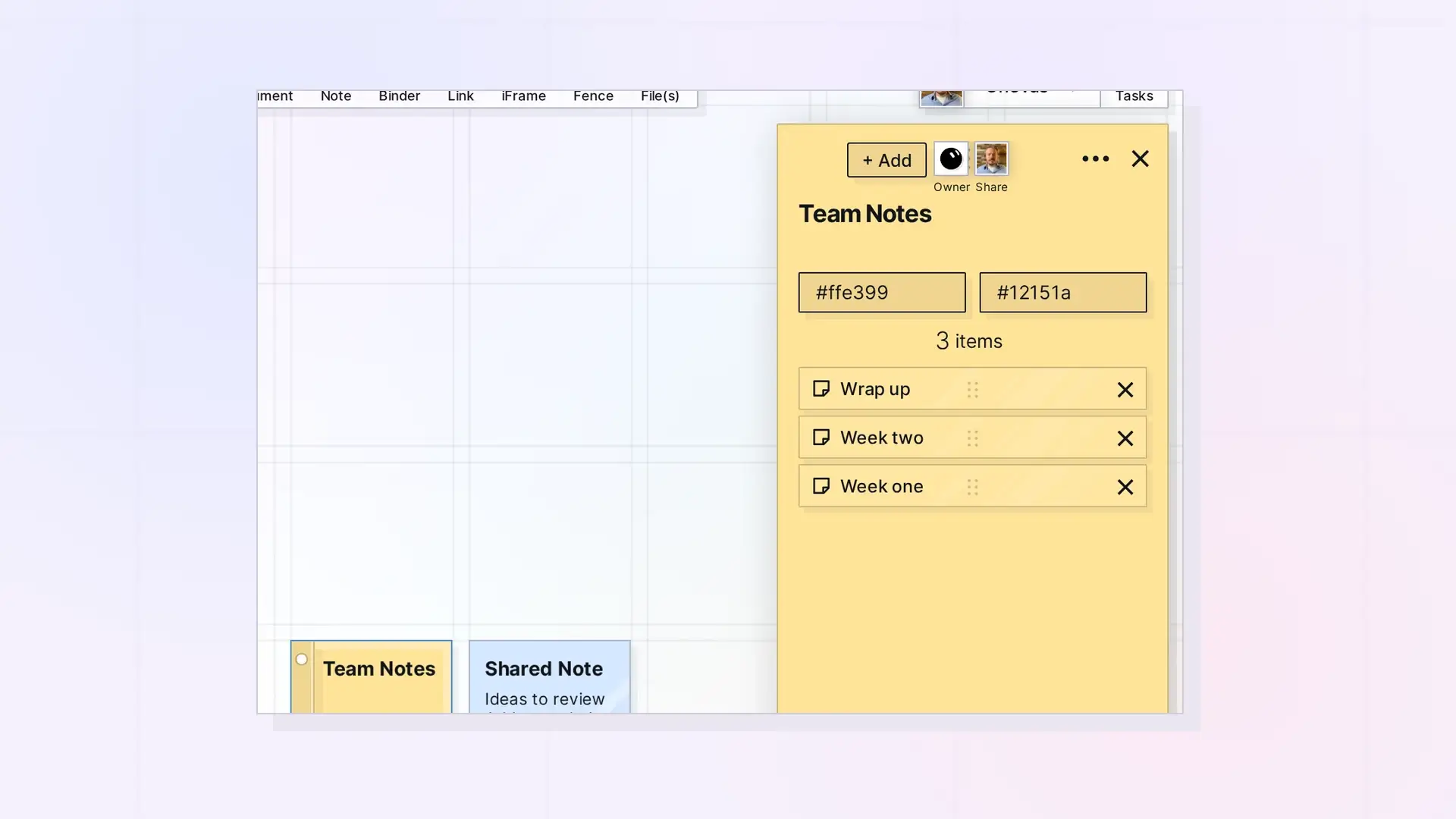 Working in a Binder Someone Shared with You: Shared binder with items from two people, screenshot